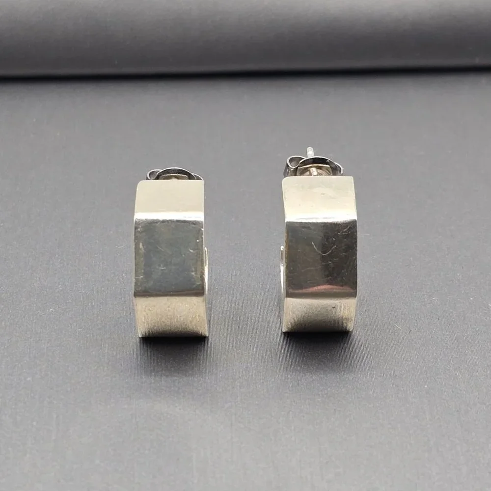 Sterling Silver Geometric C-Hoop Earrings Bold .75" Modern Hexagon Design - Picture 3 of 13